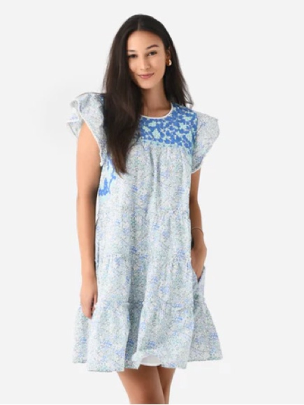 J Marie The Meadows Dress Light Blue Floral Smocked Flutter-Sleeve Dress
